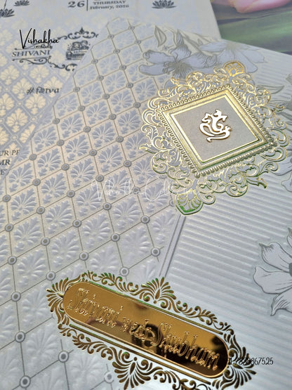 White And golden Hindu Muslim Christian Sikh Padded invitation Cards ATS-1308
