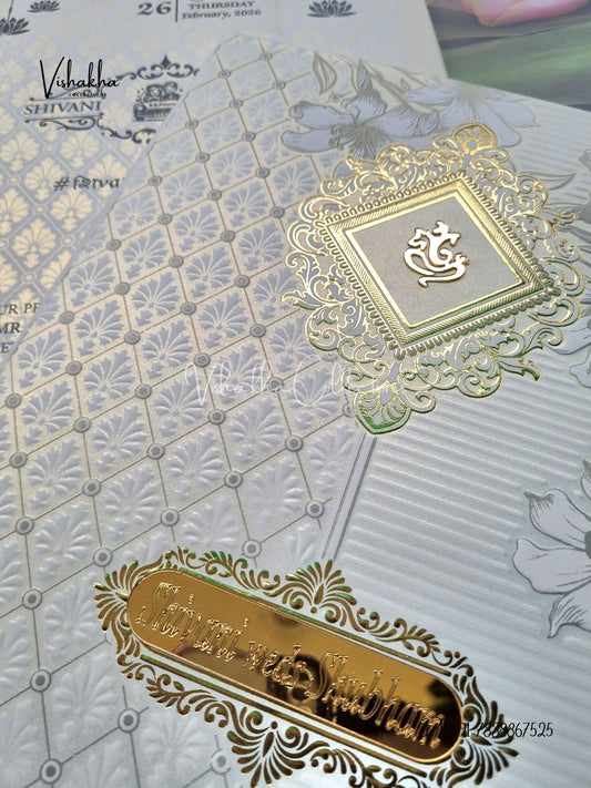 White And golden Hindu Muslim Christian Sikh Padded invitation Cards ATS-1308