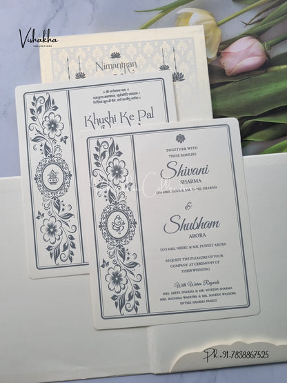 White And golden Hindu Muslim Christian Sikh Padded invitation Cards ATS-1308