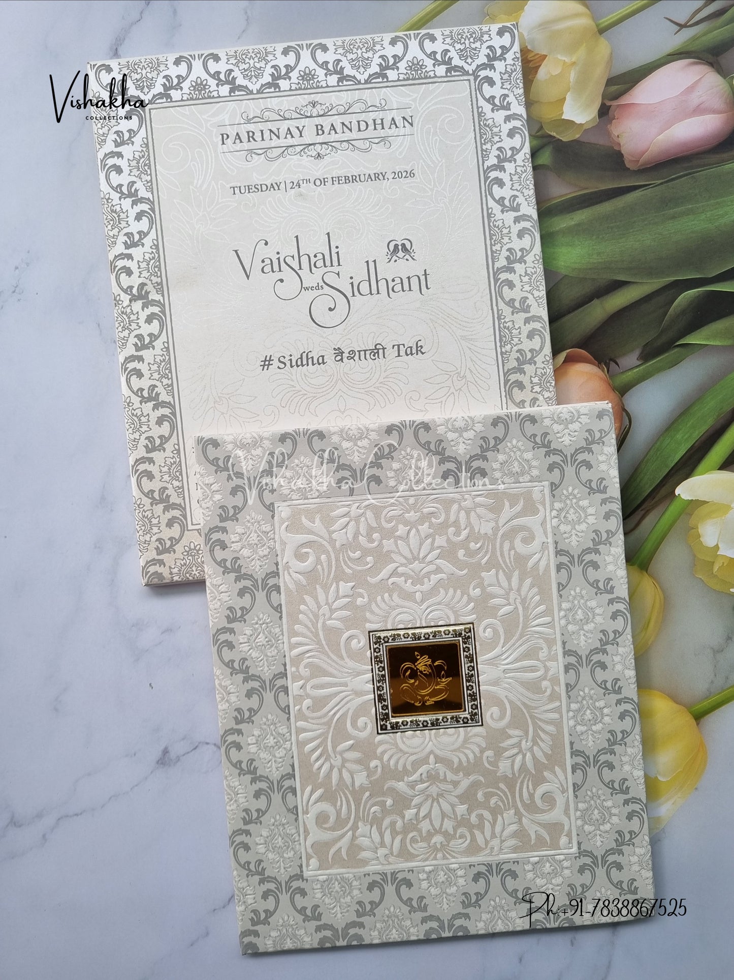 White And golden Hindu Muslim Christian Sikh Padded invitation Cards ATS-130P