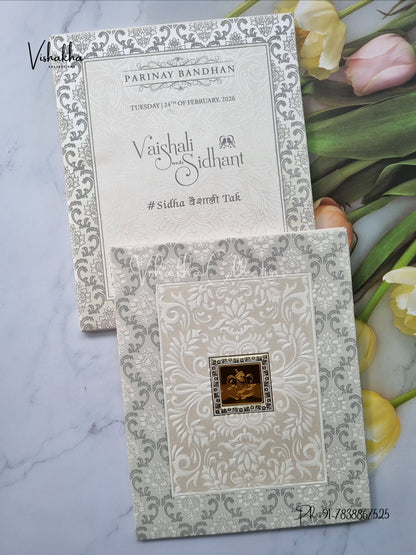 White And golden Hindu Muslim Christian Sikh Padded invitation Cards ATS-130P