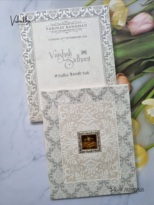 White And golden Hindu Muslim Christian Sikh Padded invitation Cards ATS-130P