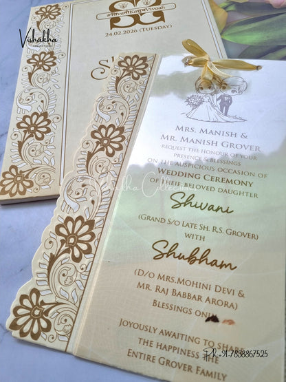 Semi Box White And golden Hindu Muslim Christian Sikh invitation Cards ATS-1720
