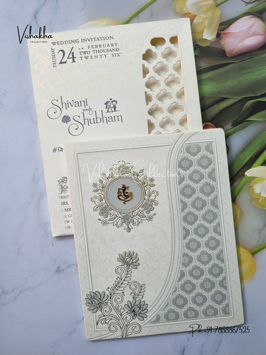 Semi Box White And golden Hindu Muslim Christian Sikh invitation Cards ATS-1754