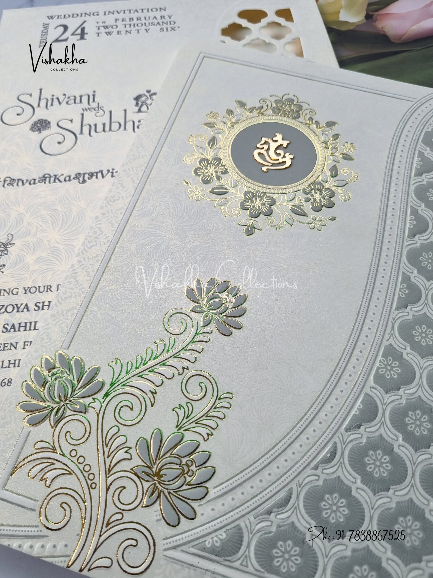 Semi Box White And golden Hindu Muslim Christian Sikh invitation Cards ATS-1754