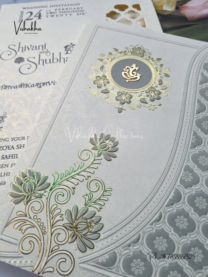 Semi Box White And golden Hindu Muslim Christian Sikh invitation Cards ATS-1754