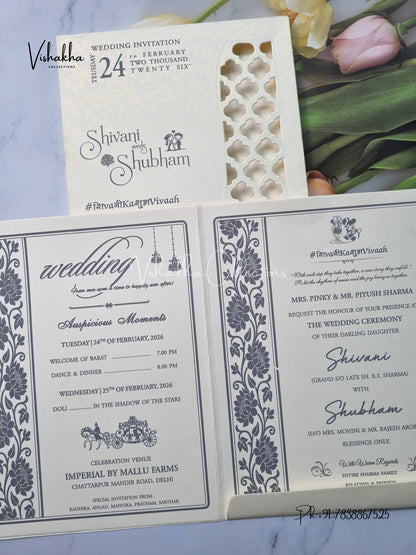 Semi Box White And golden Hindu Muslim Christian Sikh invitation Cards ATS-1754