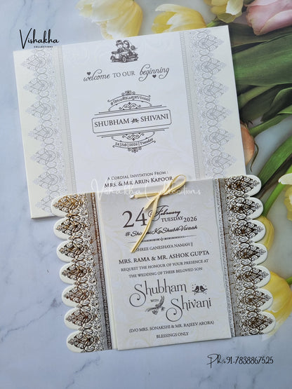 Semi Box White And golden Hindu Muslim Christian Sikh invitation Cards ATS-1788