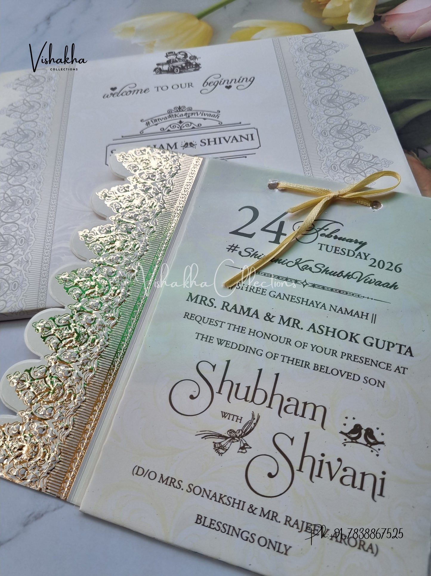 Semi Box White And golden Hindu Muslim Christian Sikh invitation Cards ATS-1788