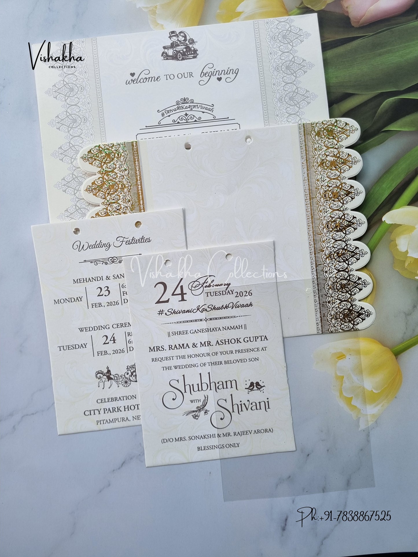 Semi Box White And golden Hindu Muslim Christian Sikh invitation Cards ATS-1788