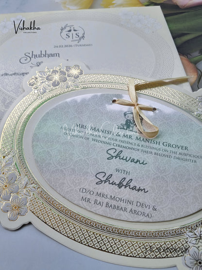 Semi Box White And golden Hindu Muslim Christian Sikh invitation Cards ATS-1789