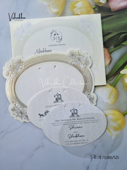 Semi Box White And golden Hindu Muslim Christian Sikh invitation Cards ATS-1789