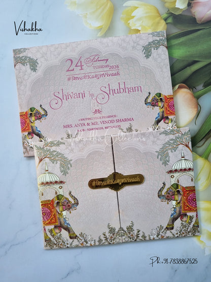 Hathi Double Door Hindu Sikh Padded invitation Cards ATS-208
