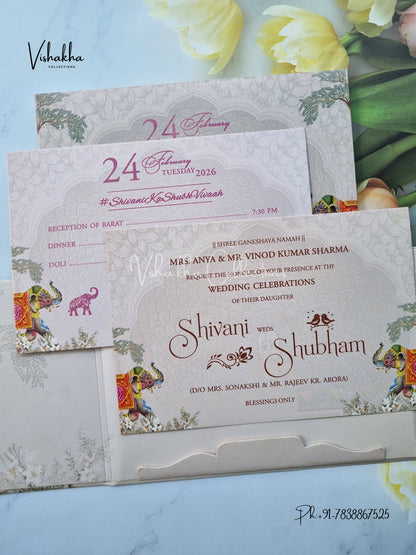 Hathi Double Door Hindu Sikh Padded invitation Cards ATS-208