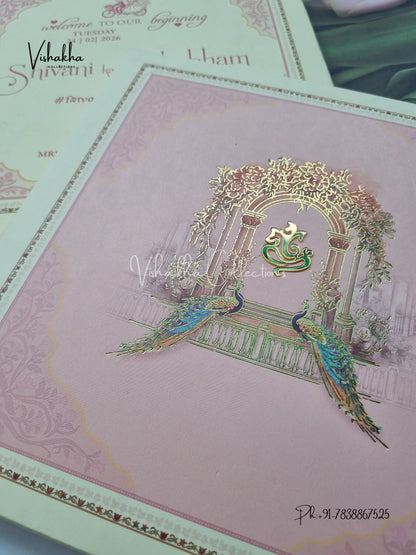 Peacock Hindu Sikh Padded invitation Cards ATS-217