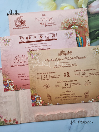 Hathi Dulah Dulhan Double Door Hindu Sikh Padded invitation Cards ATS-231