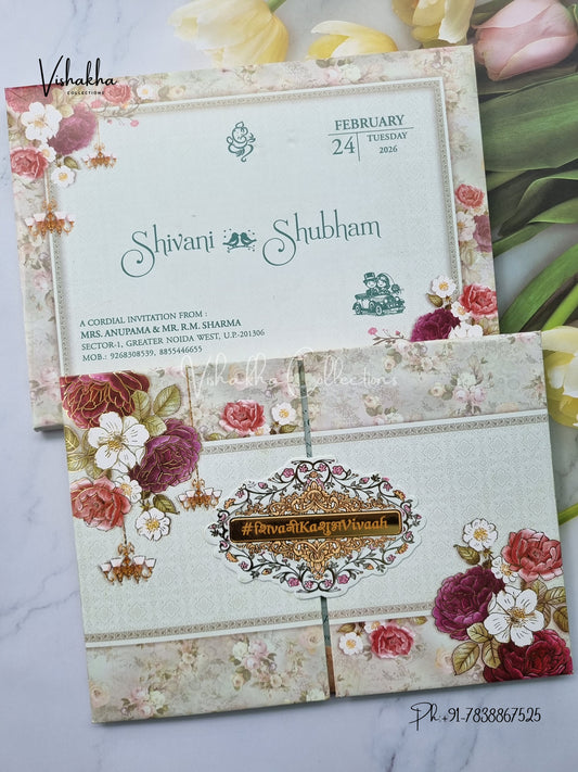 Flower Double Door Hindu Muslim Christian Sikh Padded invitation Cards ATS-233