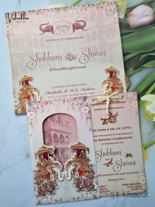 Barat Unique Concept Semi Box Hathi Dulah Dulhan Hindu Sikh invitation Cards ATS-4223