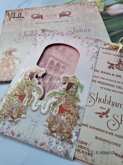 Barat Unique Concept Semi Box Hathi Dulah Dulhan Hindu Sikh invitation Cards ATS-4223