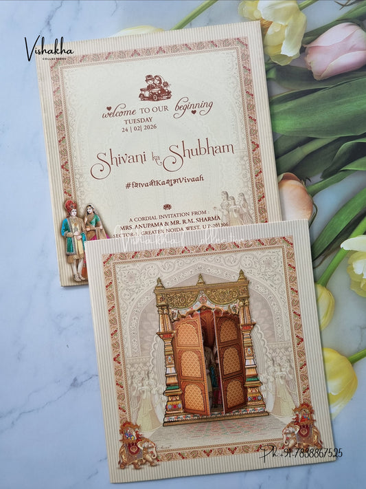Unique Concept Semi Box Dulah Dulhan Double Door Hindu Sikh invitation Cards ATS-5201