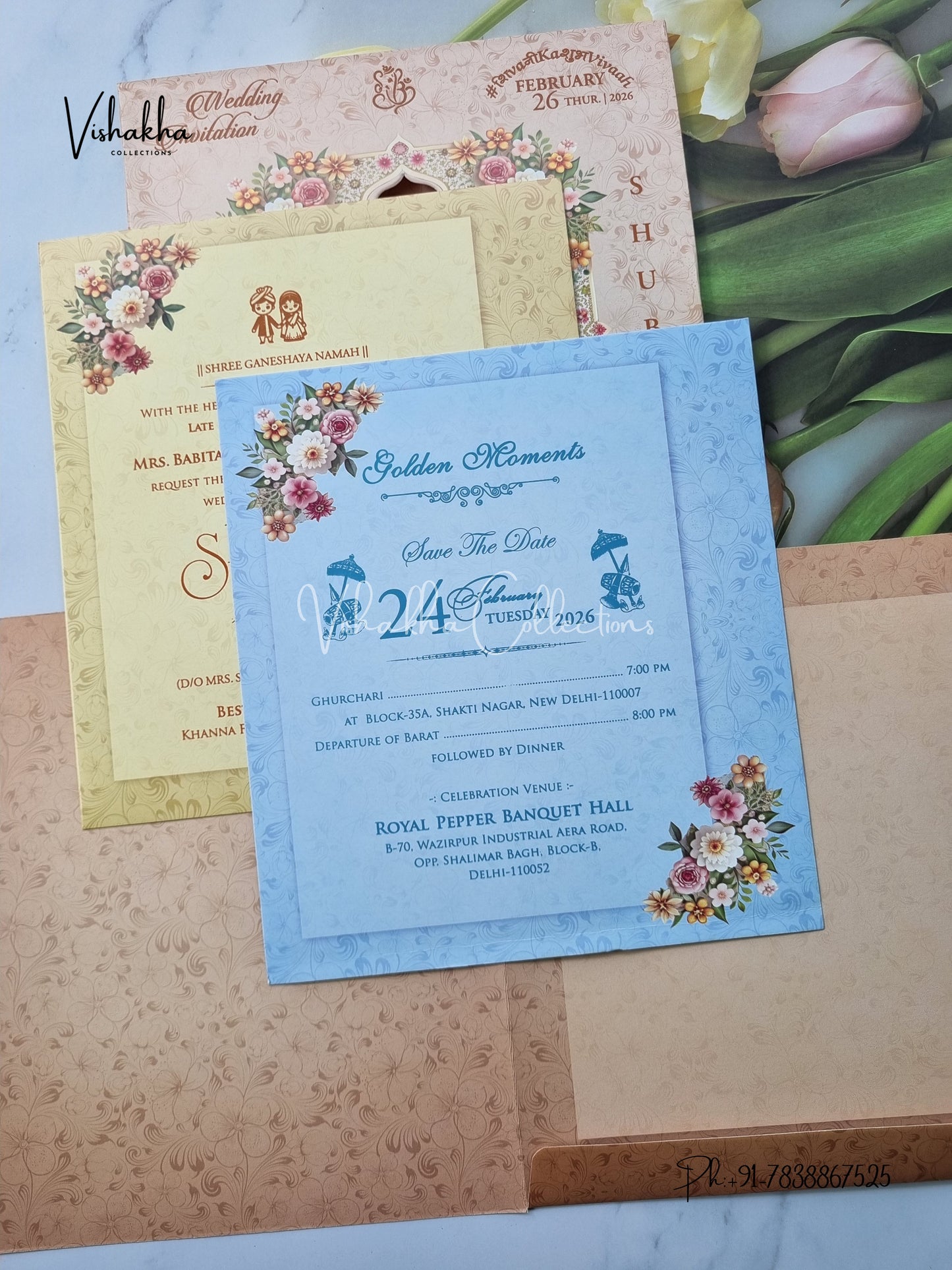 Semi Box Flower Hindu Muslim Christian Sikh invitation Cards ATS-5209