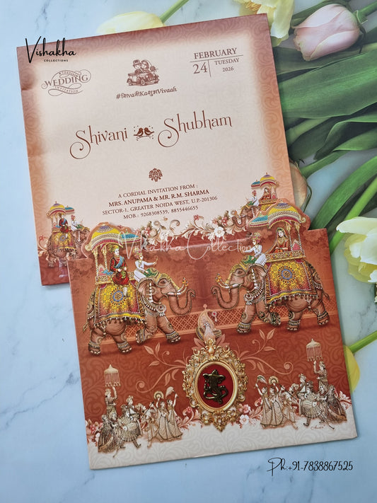 Barat Unique Concept Semi Box Hathi Hindu Sikh invitation Cards ATS-5214