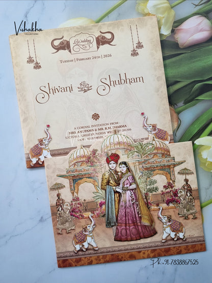 Barat Unique Concept Semi Box Hathi Dulah Dulhan Hindu Sikh invitation Cards ATS-5215