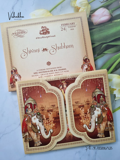 Unique Concept Semi Box Hathi Dulah Dulhan Double Door Hindu Sikh invitation Cards ATS-5235