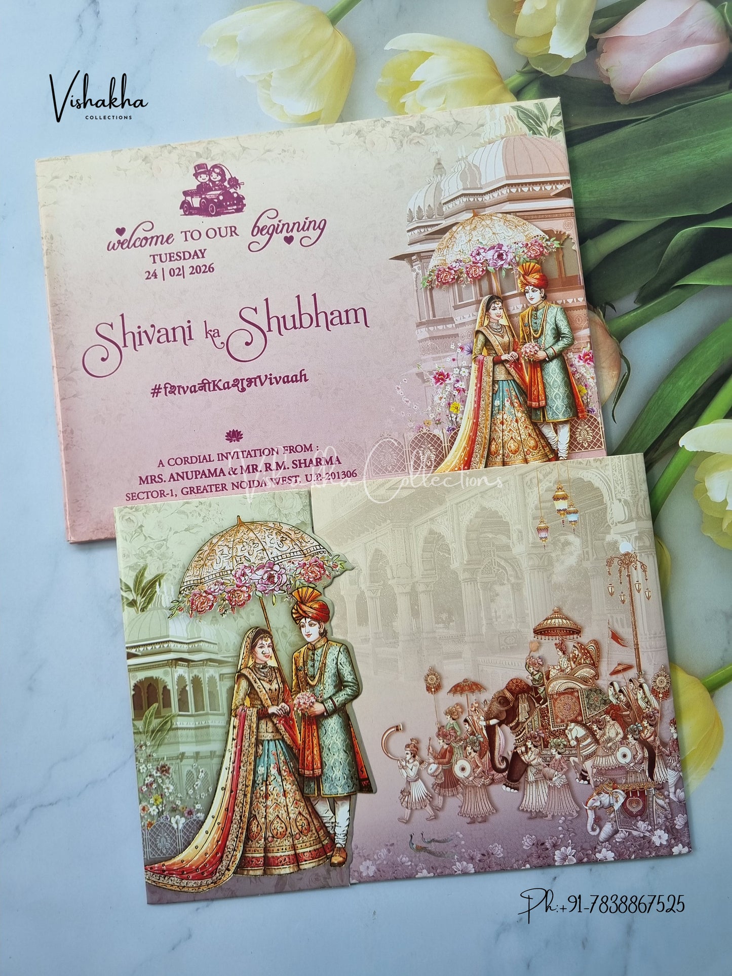 Barat Semi Box Hathi Dulah Dulhan Hindu Sikh invitation Cards ATS-7285
