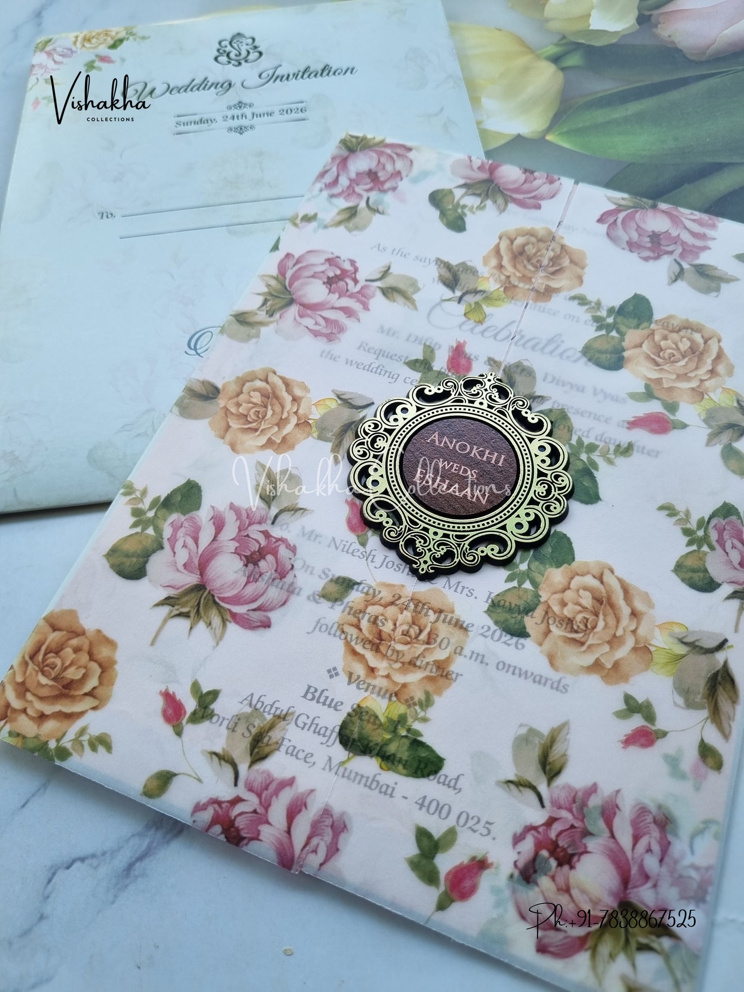 Flower Double Door Hindu Muslim Christian Sikh Vellum Paper Colored invitation Cards CC-3634