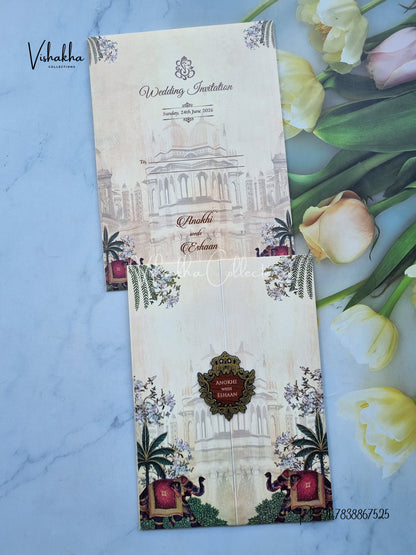 Hathi Double Door Hindu Sikh Colored invitation Cards CC-3652