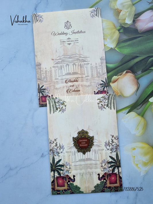 Hathi Double Door Hindu Sikh Colored invitation Cards CC-3652