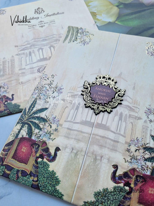 Hathi Double Door Hindu Sikh Colored invitation Cards CC-3652