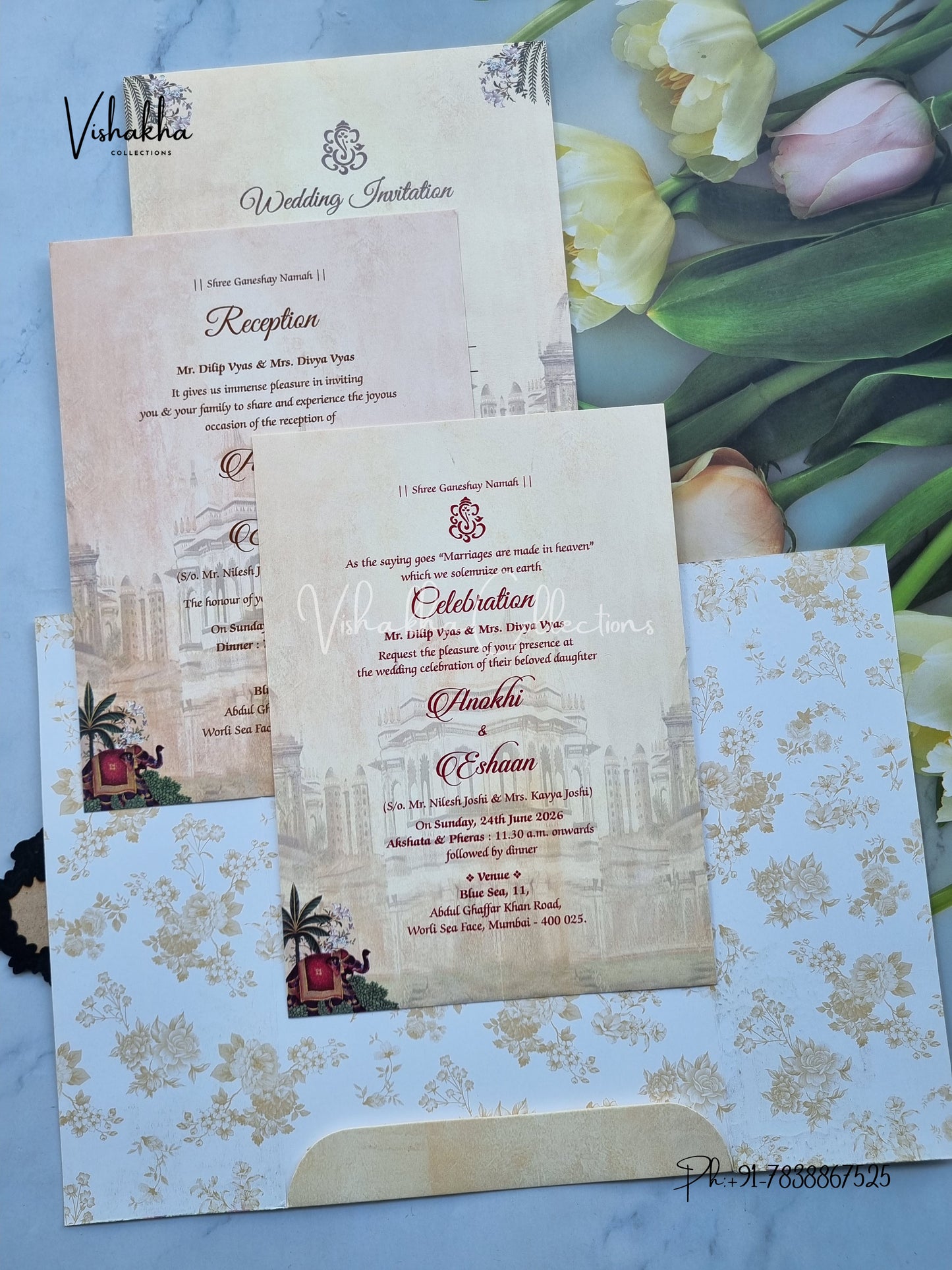 Hathi Double Door Hindu Sikh Colored invitation Cards CC-3652
