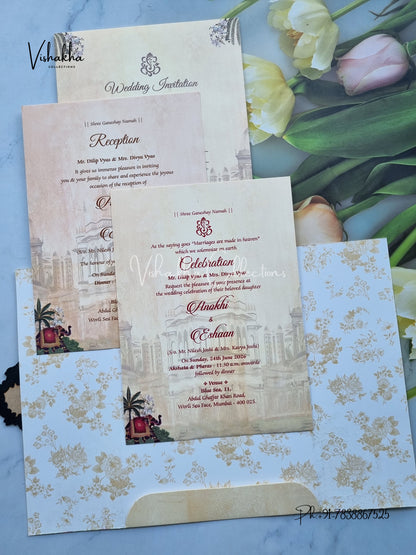 Hathi Double Door Hindu Sikh Colored invitation Cards CC-3652