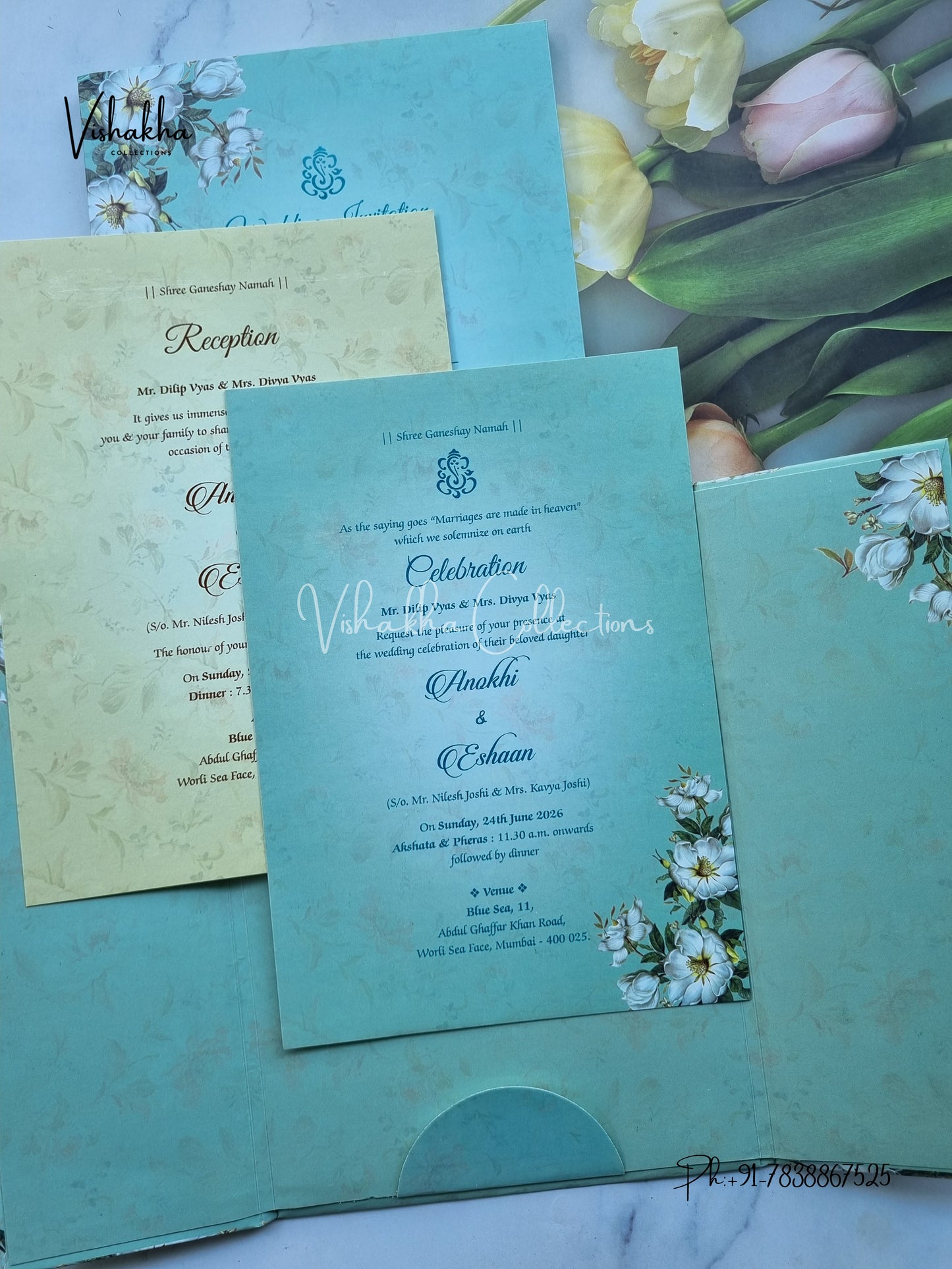 Flower Double Door Hindu Muslim Christian Sikh Padded Colored invitation Cards CC-3659