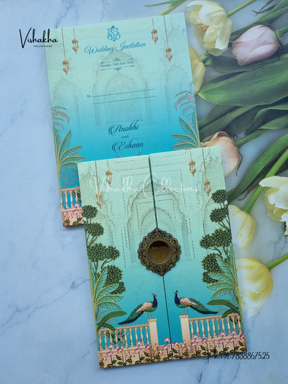 Peacock Double Door Hindu Sikh Padded Colored invitation Cards CC-3660