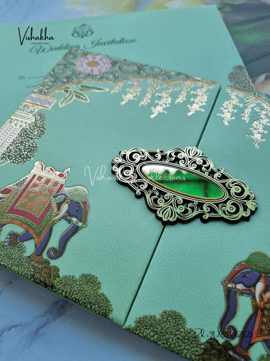 Hathi Double Door Hindu Sikh Padded Colored invitation Cards CC-3671