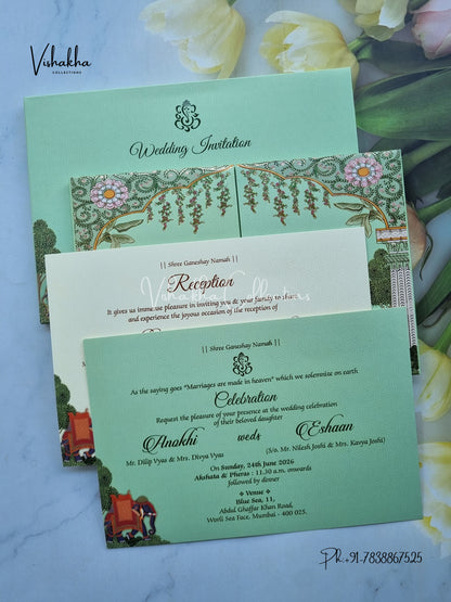 Hathi Double Door Hindu Sikh Padded Colored invitation Cards CC-3671