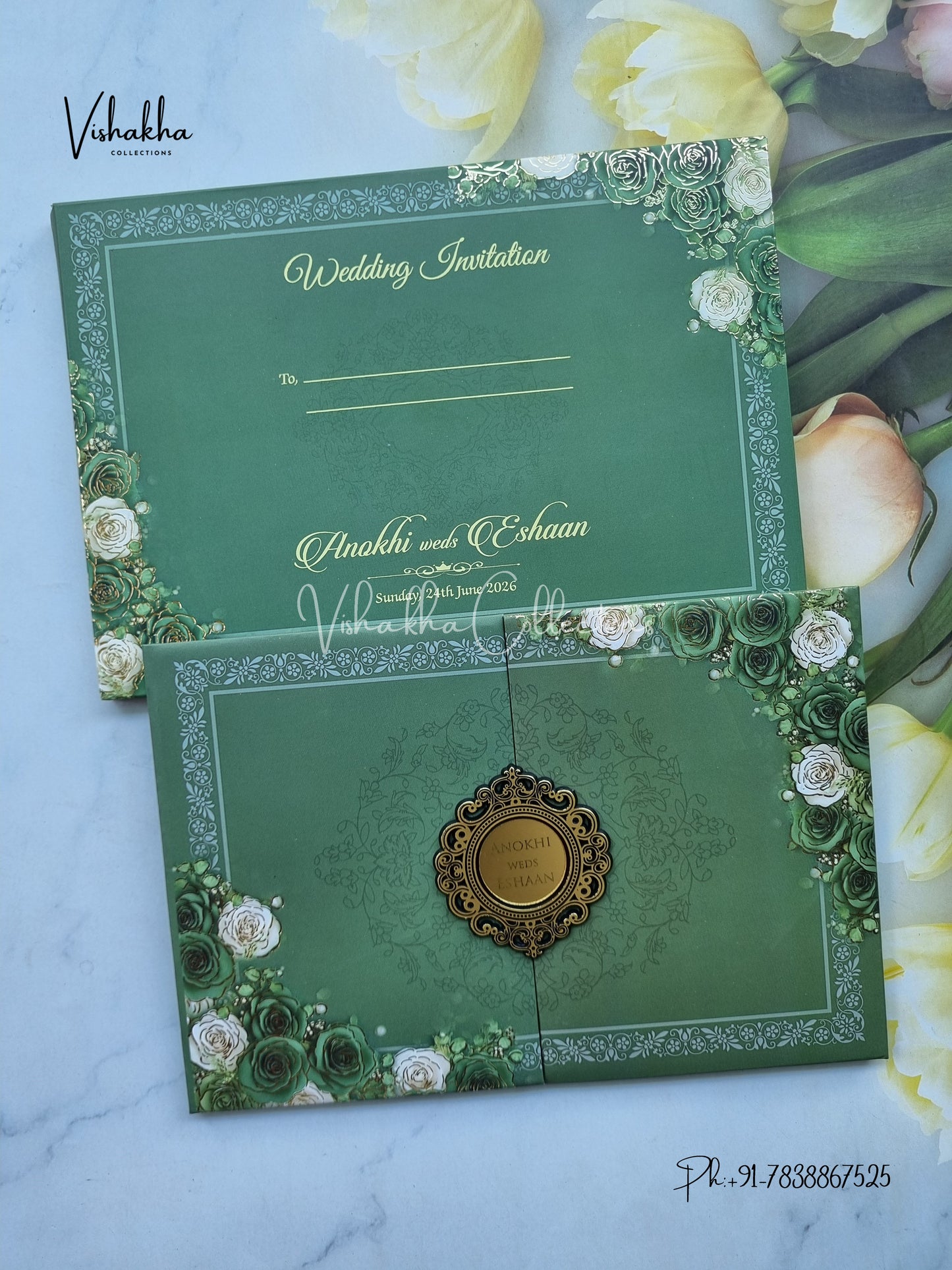 Flower Double Door Hindu Muslim Christian Sikh Padded Colored invitation Cards CC-3672