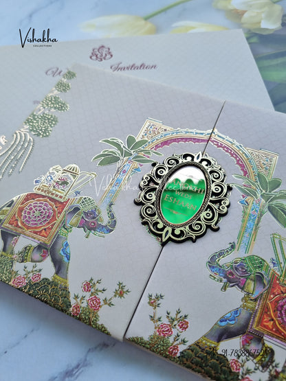 Hathi Double Door Hindu Sikh Padded Colored invitation Cards CC-3674