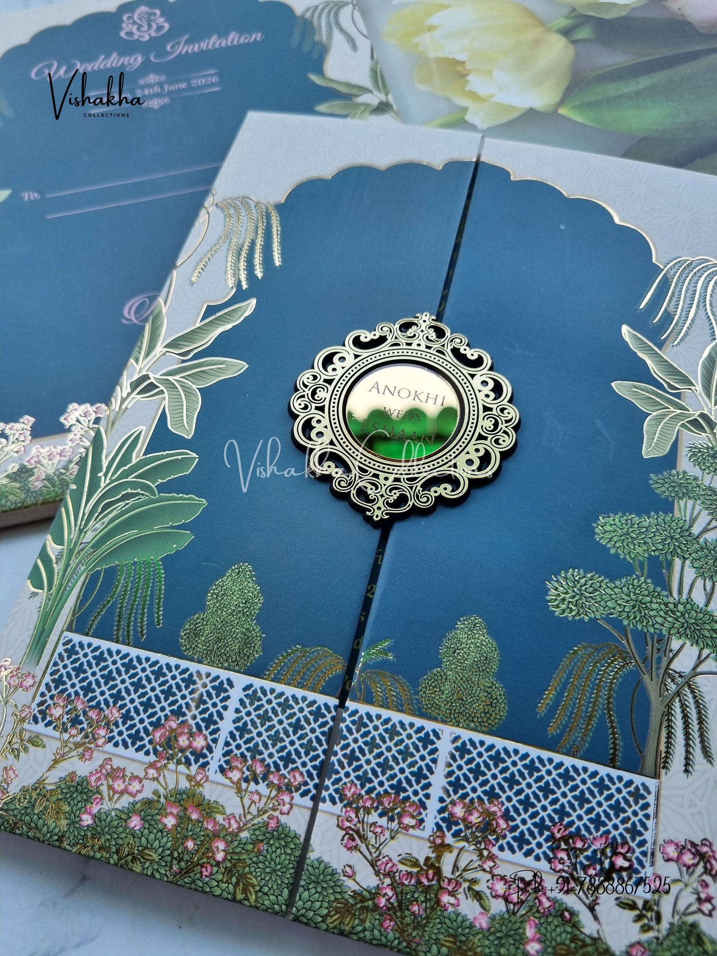 Flower Double Door Hindu Muslim Christian Sikh Padded Colored invitation Cards CC-3676