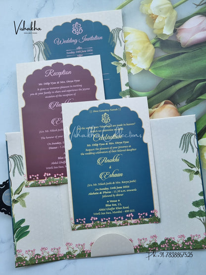 Flower Double Door Hindu Muslim Christian Sikh Padded Colored invitation Cards CC-3676