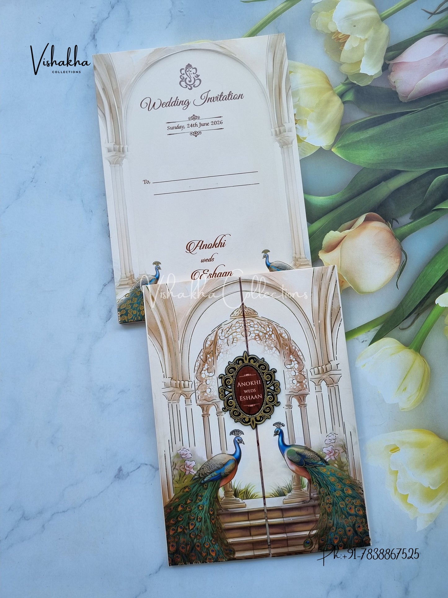 Peacock Double Door Hindu Sikh Padded Colored invitation Cards CC-3677