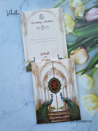 Peacock Double Door Hindu Sikh Padded Colored invitation Cards CC-3677
