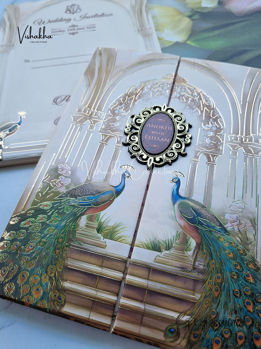 Peacock Double Door Hindu Sikh Padded Colored invitation Cards CC-3677