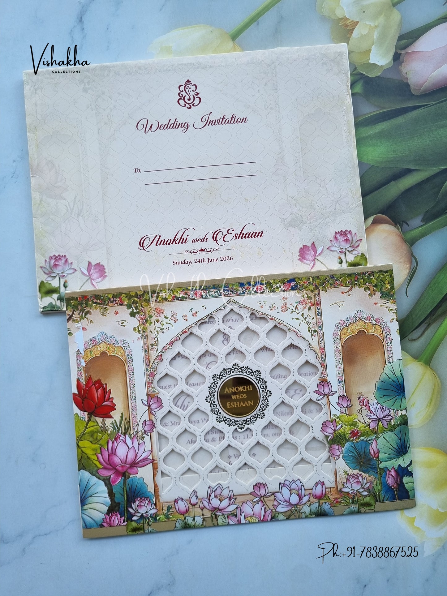Lotus Flower Hindu Muslim Christian Sikh Colored invitation Cards CC-3681
