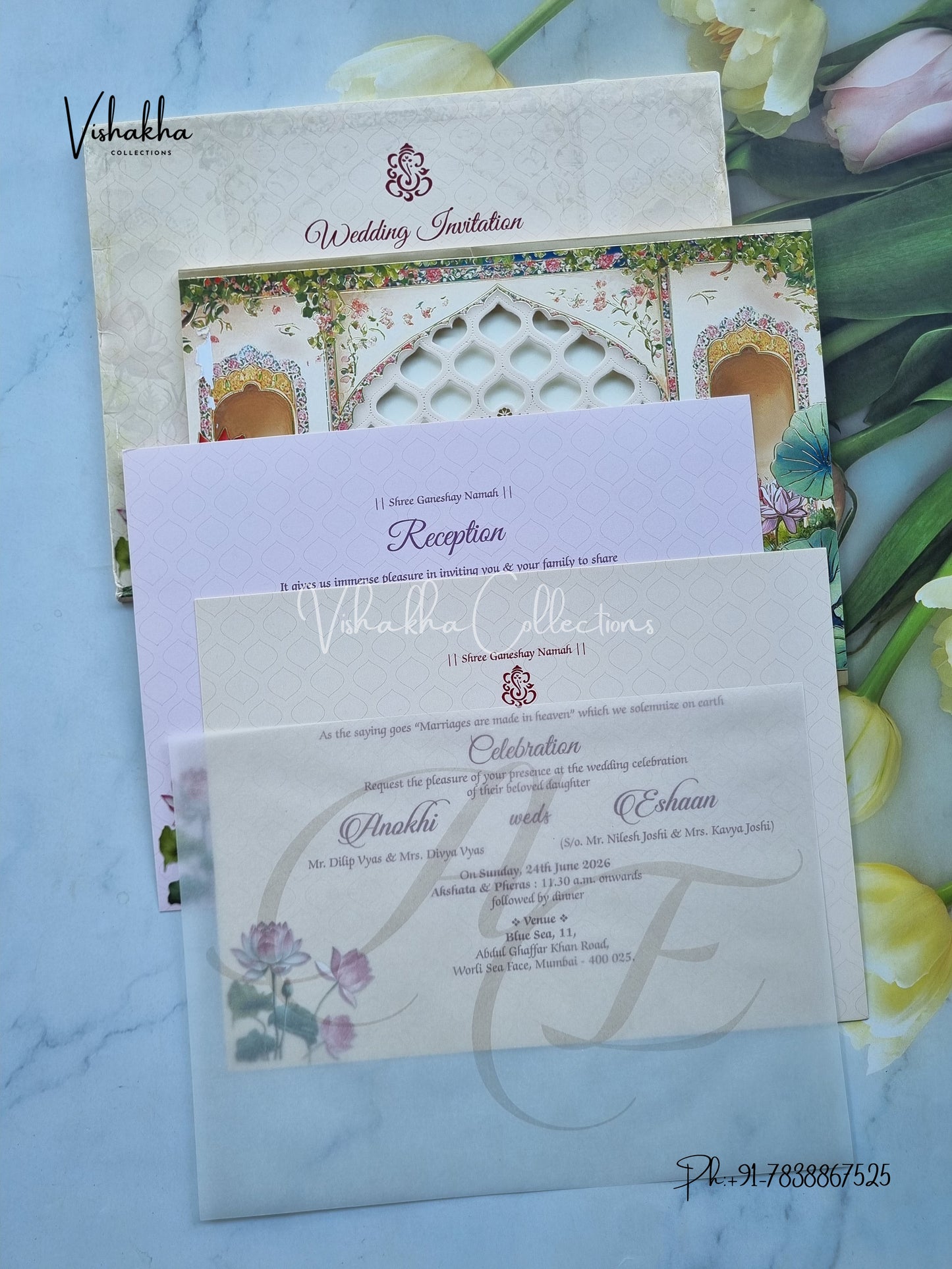 Lotus Flower Hindu Muslim Christian Sikh Colored invitation Cards CC-3681