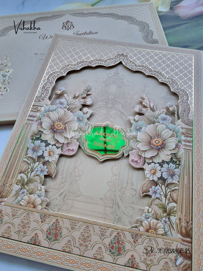 Flower Hindu Muslim Christian Sikh Padded Colored invitation Cards CC-3683