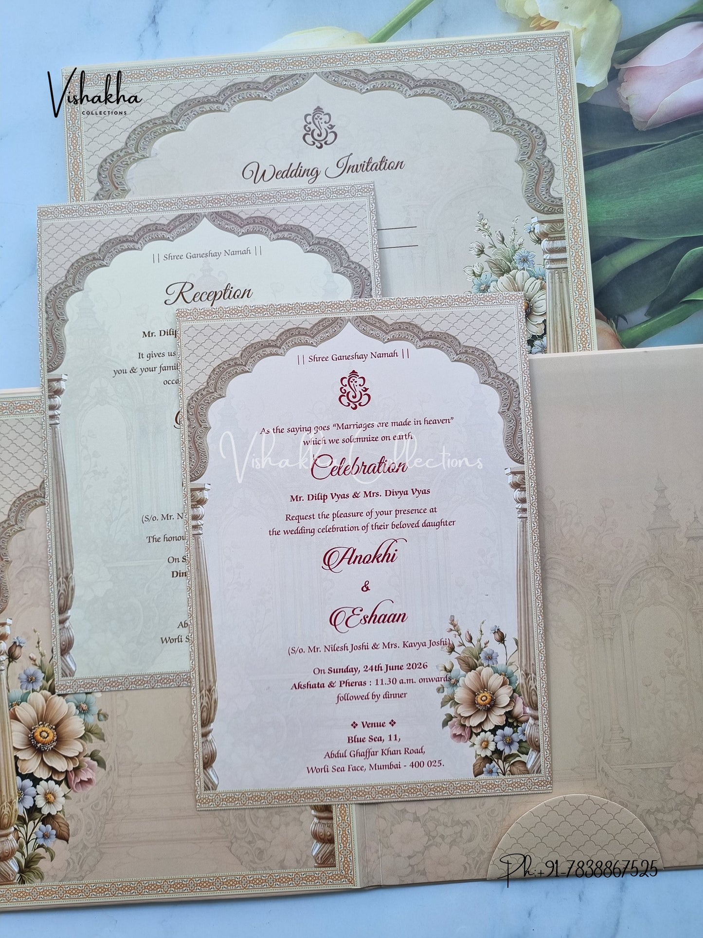 Flower Hindu Muslim Christian Sikh Padded Colored invitation Cards CC-3683